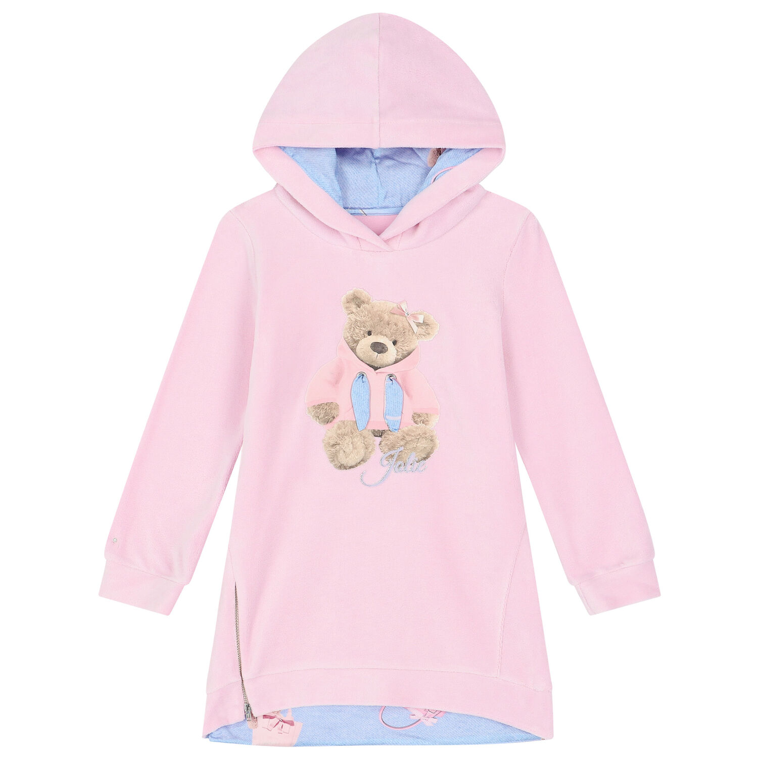 Girls Pink Teddy Hooded Dress, 1, hi-res